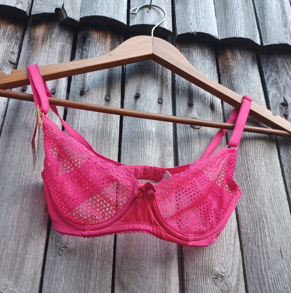 NWT Wings Love neon hot pink fishnet lace underwire bra festival womens size 34B